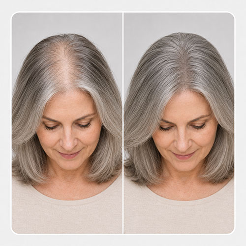 Fibras capilares Vidalforce color gris oscuro y blanco antes y después