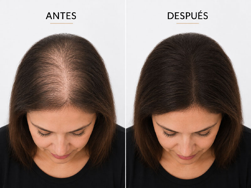 Antes y después de fibras capilares Vidalforce en mujer