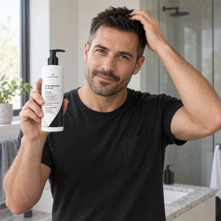 Hombre utilizando el acondicionador de Biotina