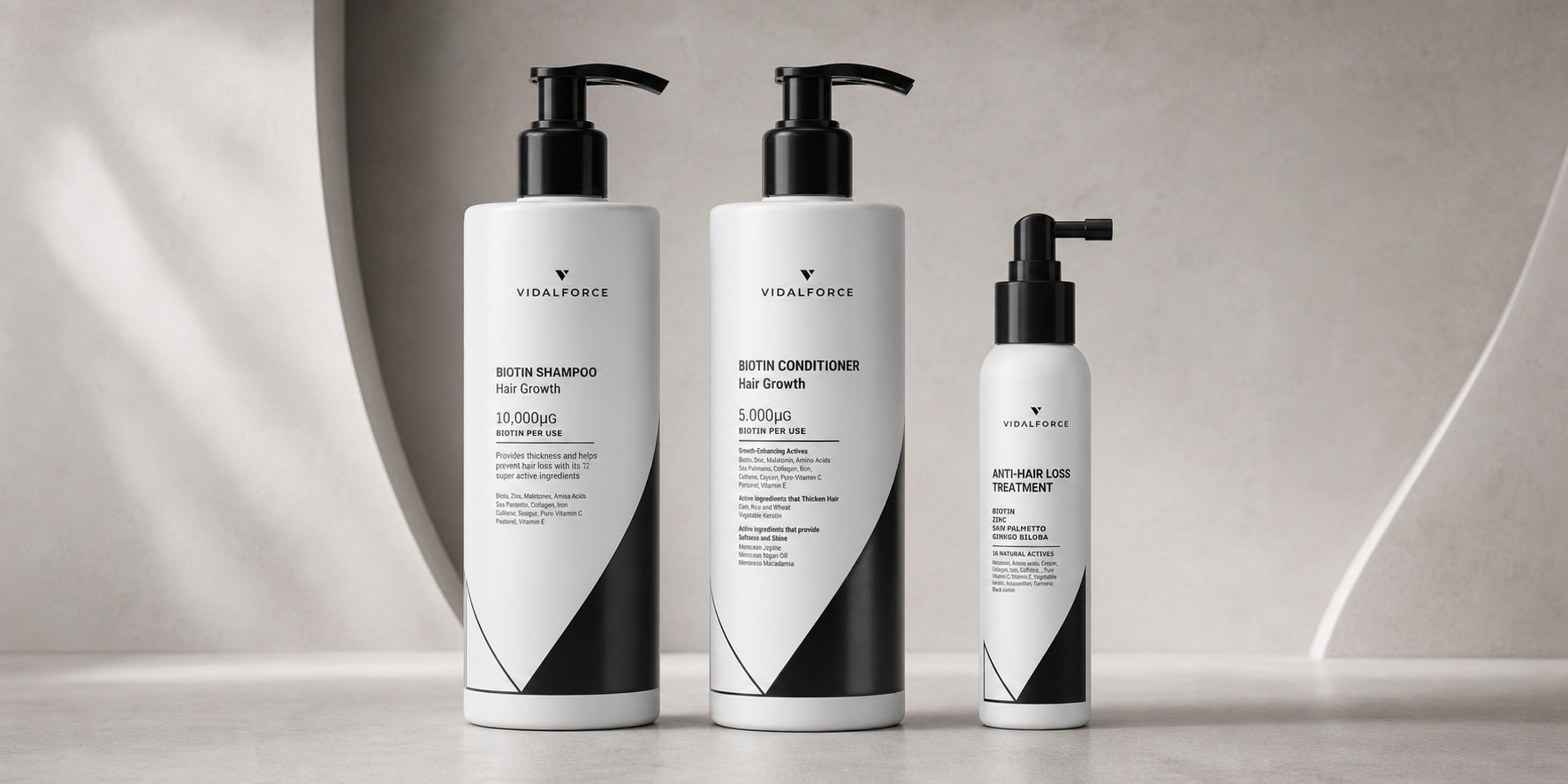 Pack completo VidalForce con champú, acondicionador y tratamiento anticaída de biotina