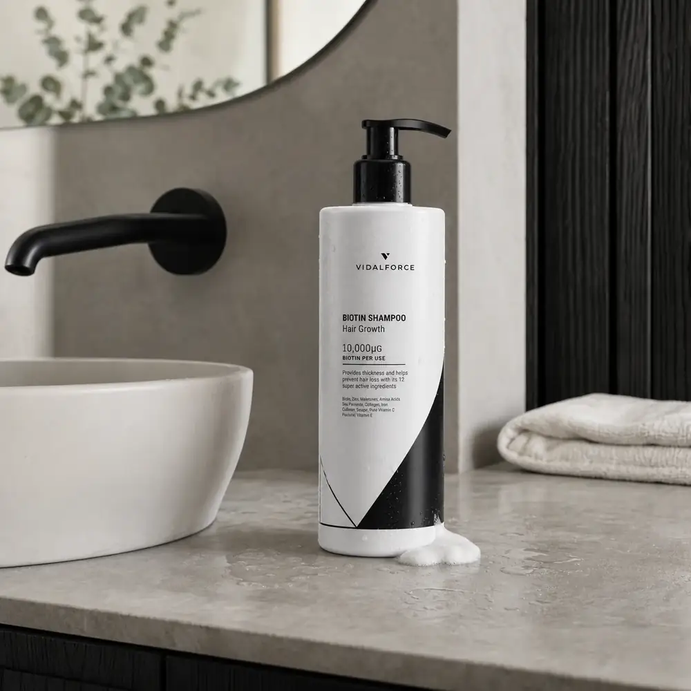Champú de Biotina VidalForce en un baño natural gris, blanco y madera negra