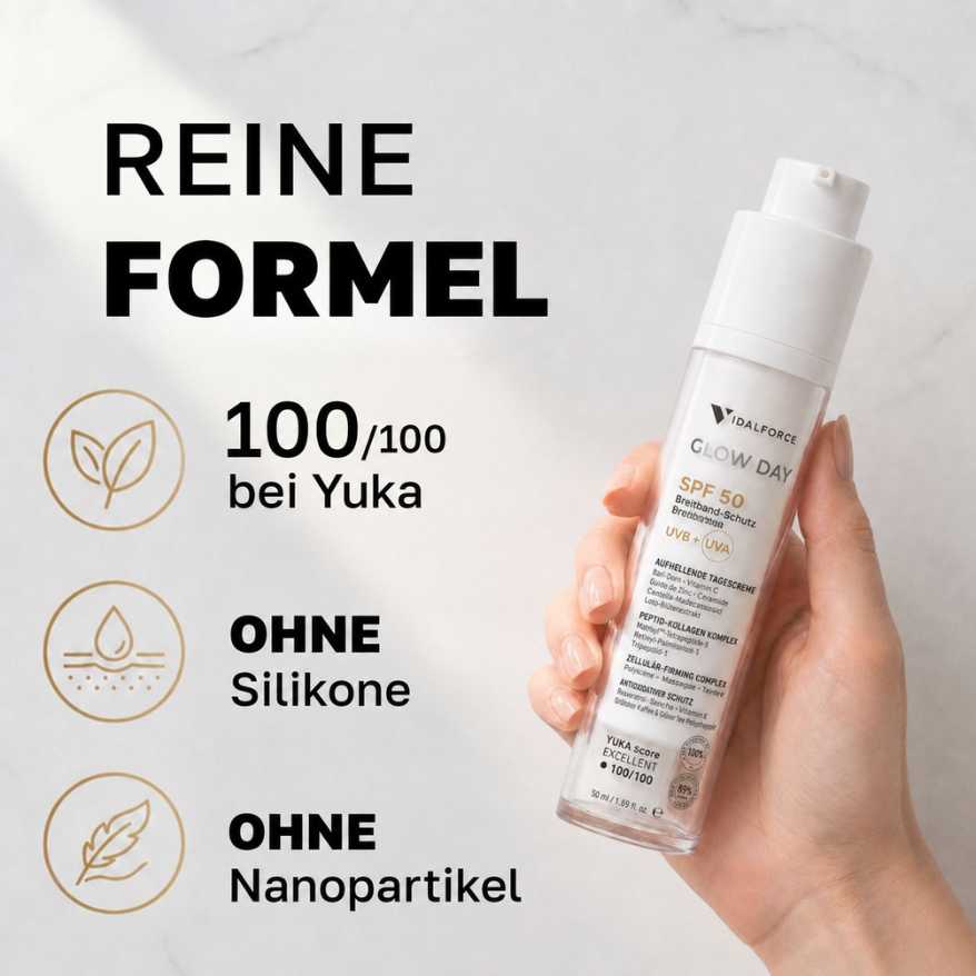 Glow Day reine Formel hoher Schutz maximale Reinheit ohne Silikone ohne Nanopartikel