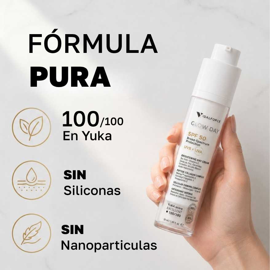 Glow Day fórmula pura alta protección máxima pureza sin siliconas sin nanopartículas