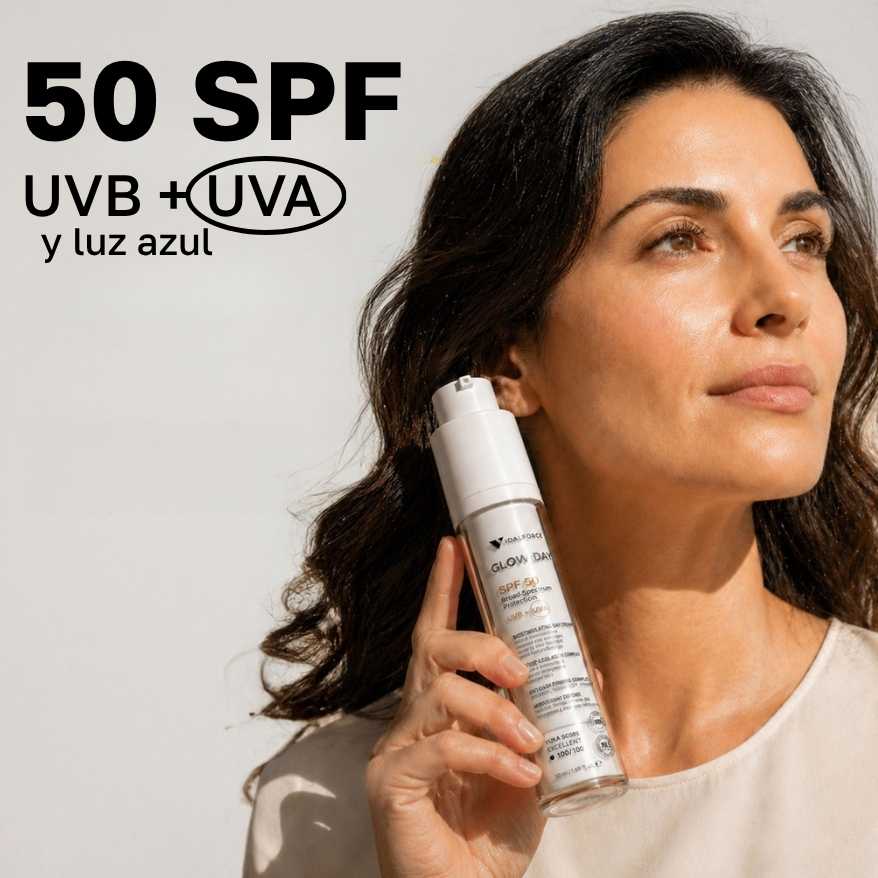 Glow Day SPF 50 protección solar verificada UVB UVA ISO