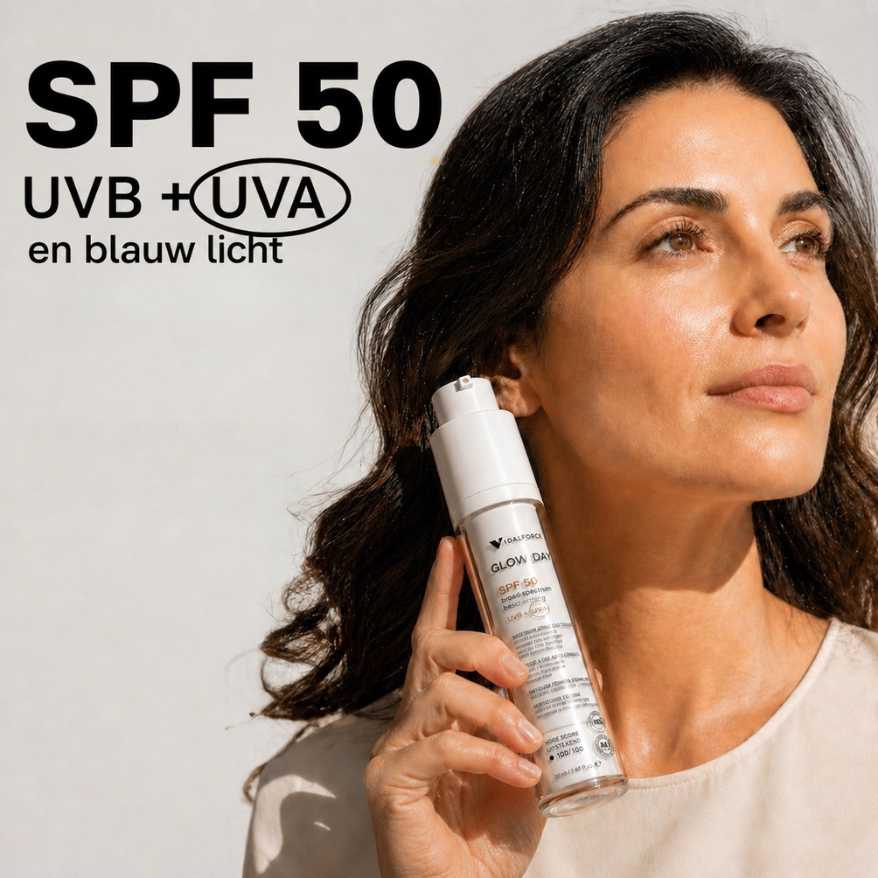 Glow Day SPF 50 gecontroleerde zonbescherming UVB UVA ISO