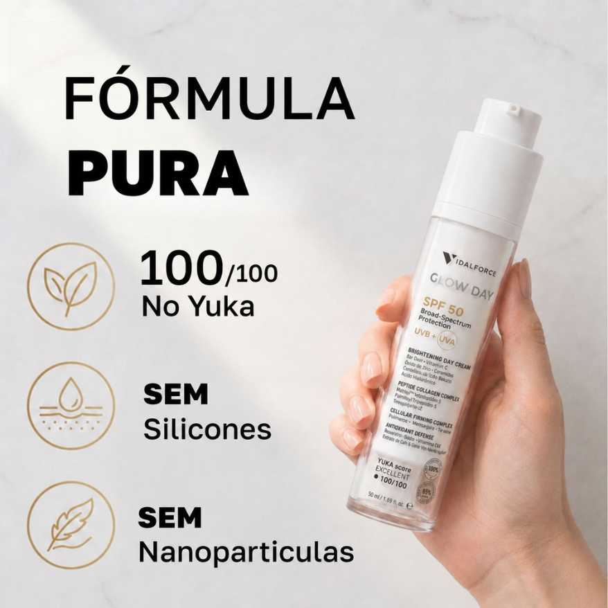 Glow Day fórmula pura alta proteção máxima pureza sem silicones sem nanopartículas