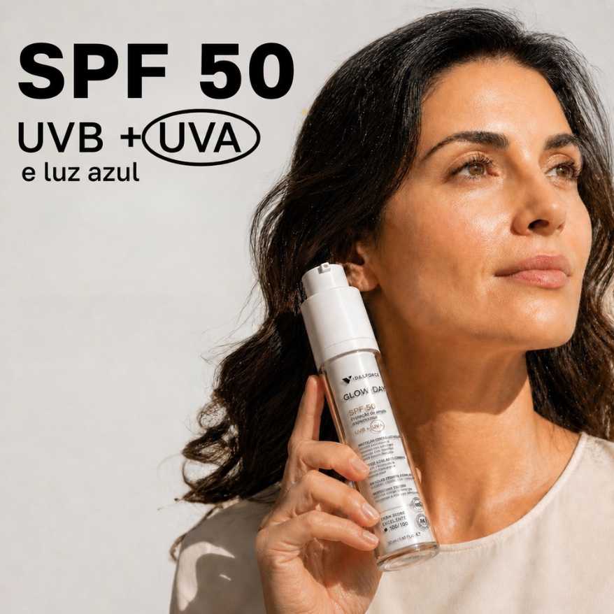 Glow Day SPF 50 proteção solar verificada UVB UVA ISO